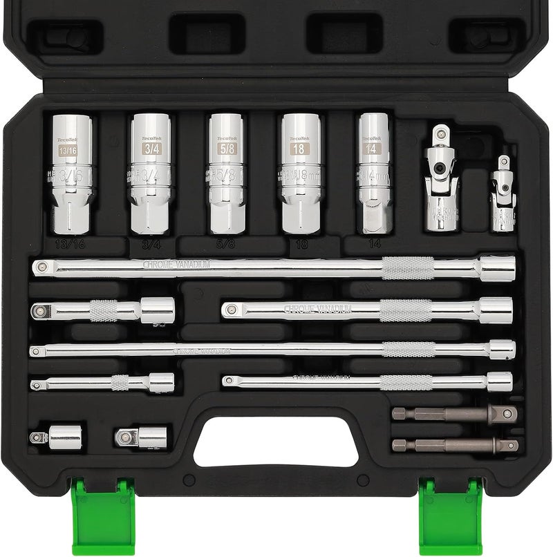 TecoTek 17-Pieces Drive Tool Accessory Set, Spark Plug Socket Set, Includes 1/4" & 3/8” Drive Extension Bar, Socket Adapter, Universal Joints, Spark Plug Sockets, Professional Socket Accessories, Cr-V - Image 1